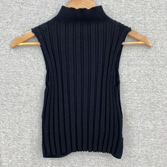 Ribbed Blouse Womens Medium Black Sleeveless Mock Collar Cut Out Back Hem - Picture 1 of 11